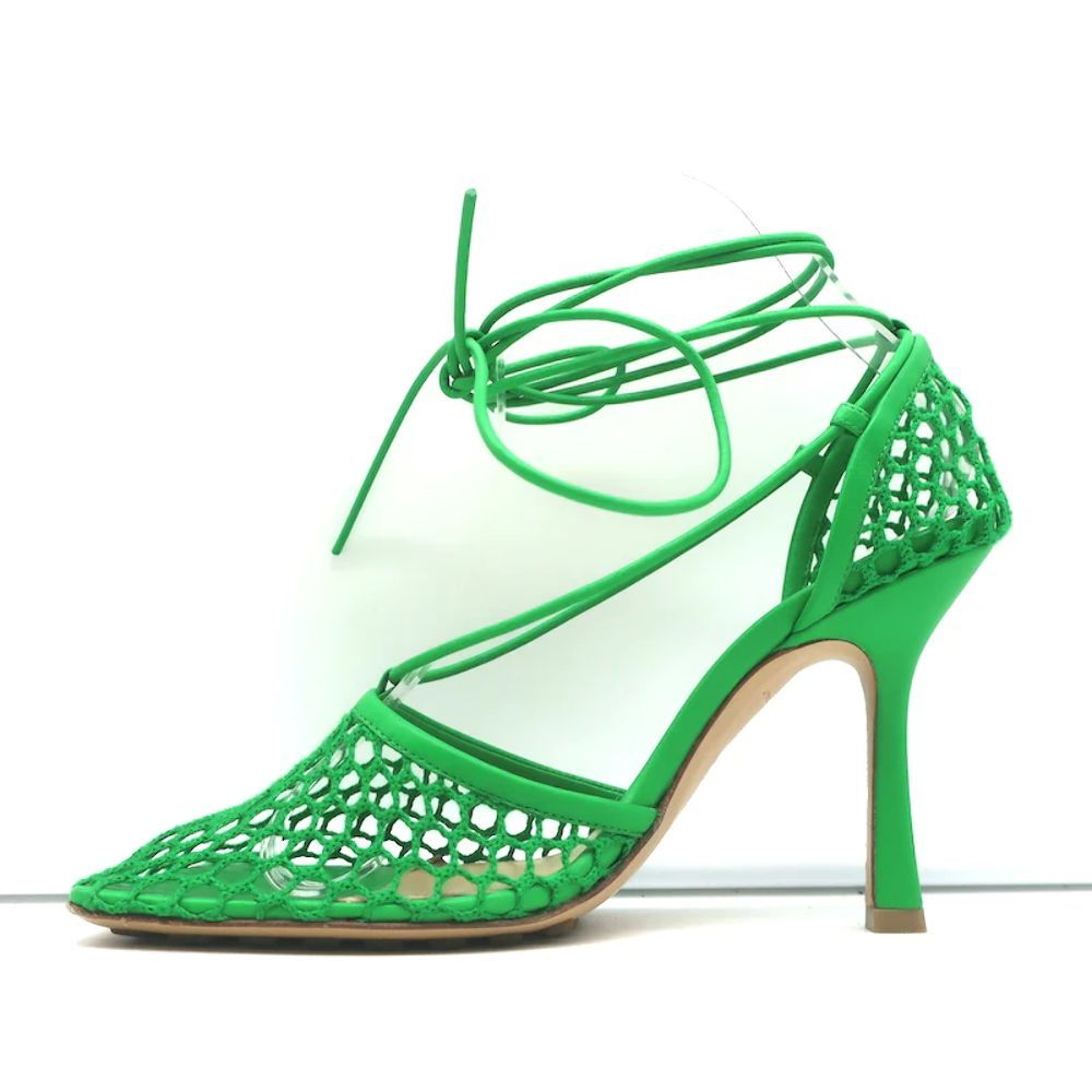 Bottega Veneta Stretch Ankle Tie Sandals Green Mesh & Leather Size 37 - Picture 6 of 10